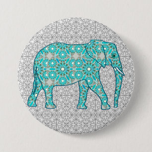 Mandala flower elephant - turquoise, grijs & wit ronde button 7,6 cm