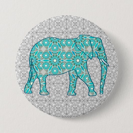 Mandala flower elephant - turquoise, grijs & wit ronde button 7,6 cm (Voorkant)