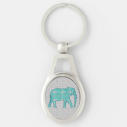 Mandala flower elephant - turquoise, grijs & wit sleutelhanger (Voorkant)