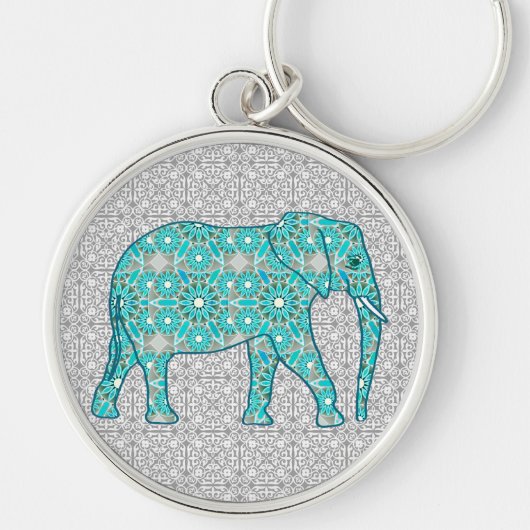 Mandala flower elephant - turquoise, grijs & wit sleutelhanger (Voorkant)