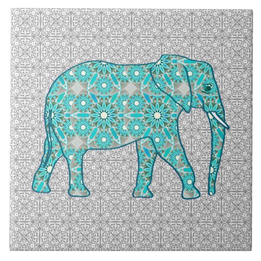 Mandala flower elephant - turquoise, grijs & wit tegeltje (Voorkant)