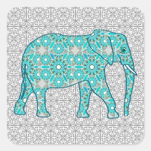 Mandala flower elephant - turquoise, grijs & wit vierkante sticker (Voorkant)