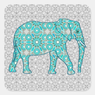 Mandala flower elephant - turquoise, grijs & wit vierkante sticker