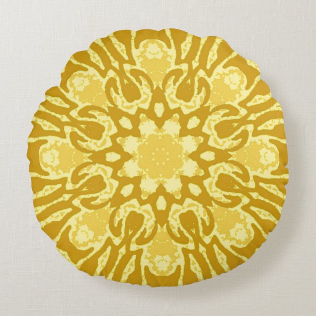 Mandala Flower Pattern - Mustard Gold en Yellow Rond Kussen (Voorkant)