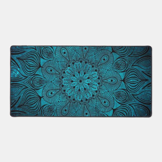 Mandala Flower Zen Cool Bright Vibrant Blauwgroen  Bureaumat (Voorkant)