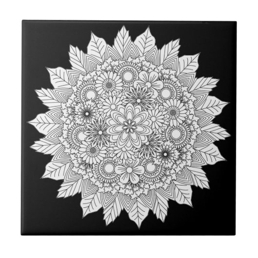 Mandala Flower Zwart-wit Keramische Tegel Tegeltje (Voorkant)