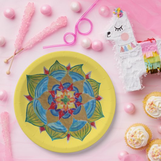 Mandala Geel Goud Kleurrijke Zen Papier Borden Papieren Bordje (Feest)