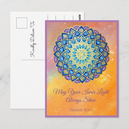 Mandala Gold Blue Paars Floral Script Briefkaart (Voorkant / Achterkant)