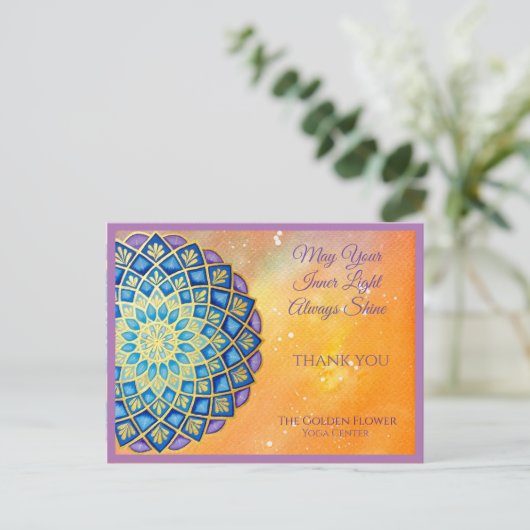 Mandala Gold Blue Paars Flower Yoga Business Briefkaart (Staand voorkant)
