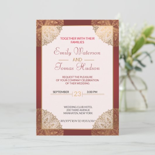 Mandala Gold Wedding Invitation, wit Kaart (Staand voorkant)
