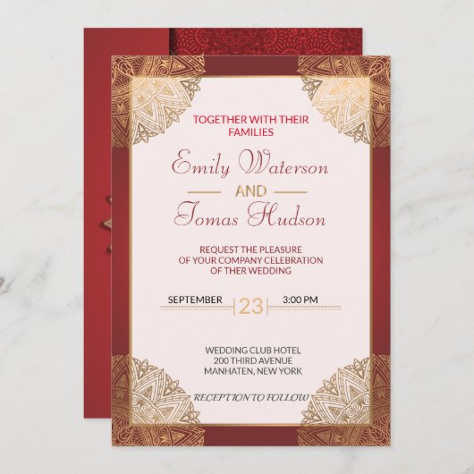 Mandala Gold Wedding Invitation, wit Kaart (Voorkant / Achterkant)