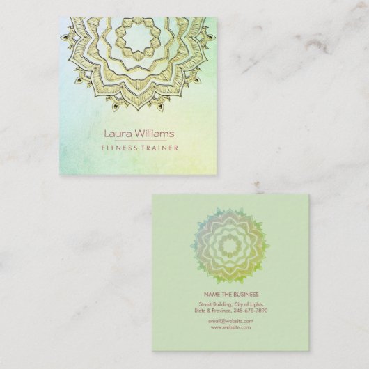 Mandala Green Lotus Flower Gold Yoga Instructor Vierkante Visitekaartje (Voorkant / Achterkant)