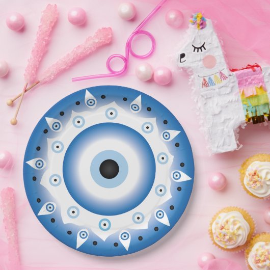 Mandala Grieks boze oog blauw wit Papieren Bordje (Feest)