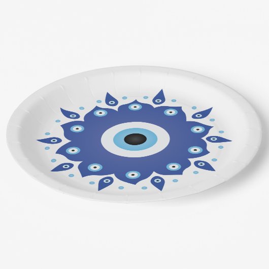 Mandala Grieks boze oog blauw wit Papieren Bordje (Gekanteld)