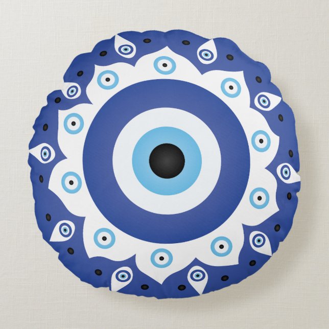 Mandala Grieks boze oog blauw wit Rond Kussen (Voorkant)