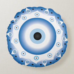 Mandala Grieks boze oog blauw wit Rond Kussen