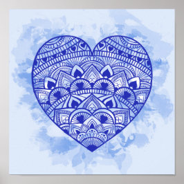 Mandala Heart Blue Waterverf Print