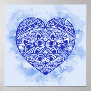 Mandala Heart Blue Waterverf Print