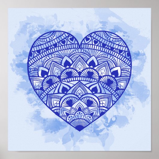 Mandala Heart Blue Waterverf Print (Voorkant)