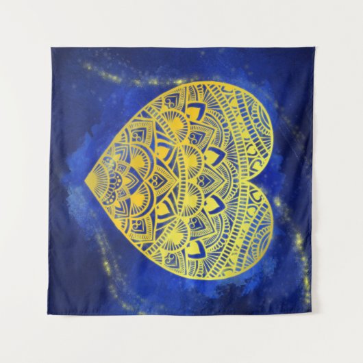Mandala Heart Luminous Gold en Blue Wandkleed (Voorkant (horizontaal))
