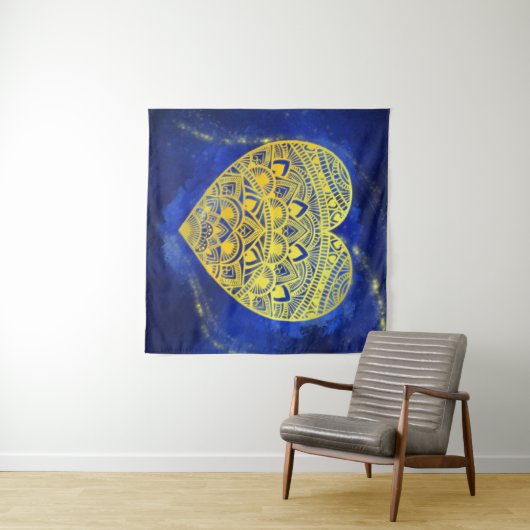 Mandala Heart Luminous Gold en Blue Wandkleed (In Situ (horizontaal))