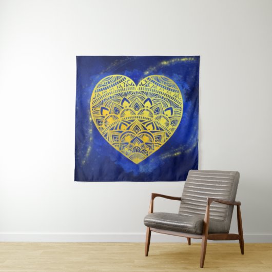 Mandala Heart Luminous Gold en Blue Wandkleed (In situ)