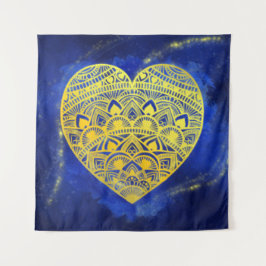 Mandala Heart Luminous Gold en Blue Wandkleed