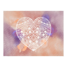 Mandala Heart Soft Peach Paarse Waterverf Print