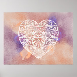 Mandala Heart Soft Peach Paarse Waterverf Print