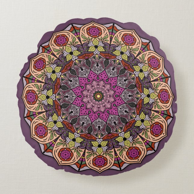 Mandala herfstBladeren Mauve Brown Rond Kussen (Voorkant)