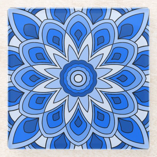 Mandala in het blauw glazen onderzetter (Voorkant)