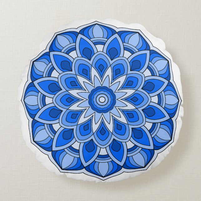 Mandala in het blauw rond kussen (Voorkant)