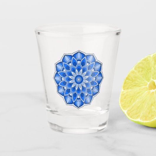 Mandala in het blauw shot glas (Voorkant)