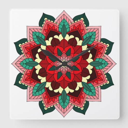 Mandala in het rood vierkante klok (Voorkant)
