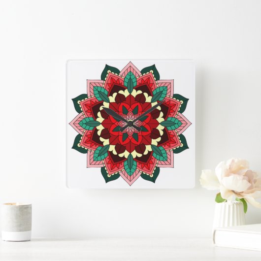Mandala in red vierkante klok (Huis)