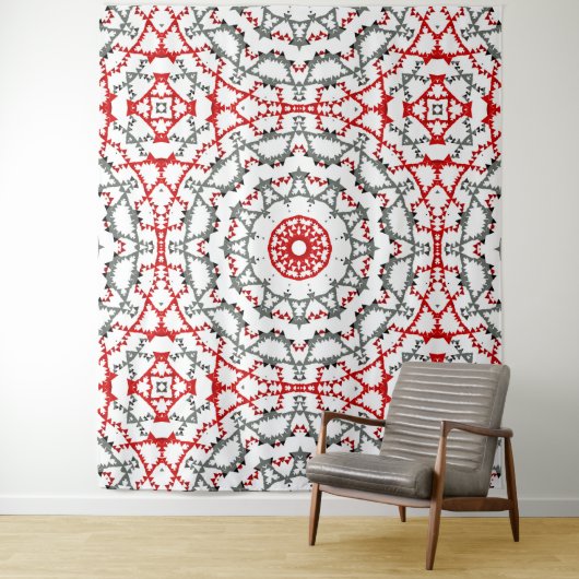 Mandala in wit, rood en kaki. wandkleed (In situ)