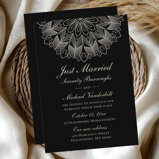 Mandala Indian Boho Black Just Married Wedding Aankondiging