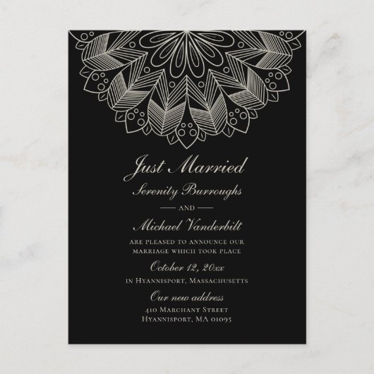 Mandala Indian Boho Black Just Married Wedding Uitnodiging Briefkaart (Voorkant)