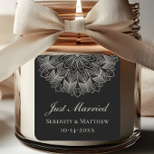  Mandala Indian Boho Black Just Married Wedding Vierkante Sticker