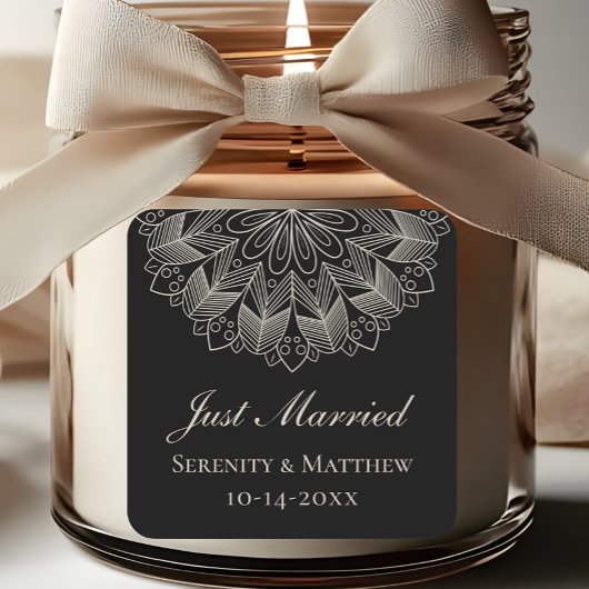  Mandala Indian Boho Black Just Married Wedding Vierkante Sticker