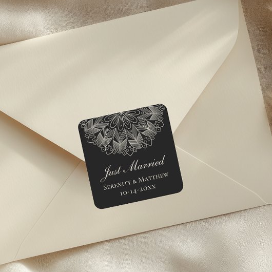  Mandala Indian Boho Black Just Married Wedding Vierkante Sticker