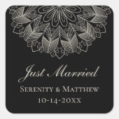  Mandala Indian Boho Black Just Married Wedding Vierkante Sticker (Voorkant)