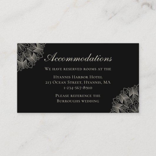 Mandala Indian Boho Black Wedding Accommodations Informatiekaartje (Voorkant)