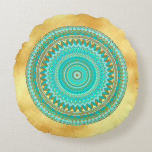 Mandala Iris Blauw Bruin Goud op Gouden Achtergron Rond Kussen