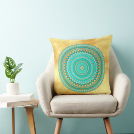 Mandala Iris blauw bruin goud op zachte gouden ach Kussen