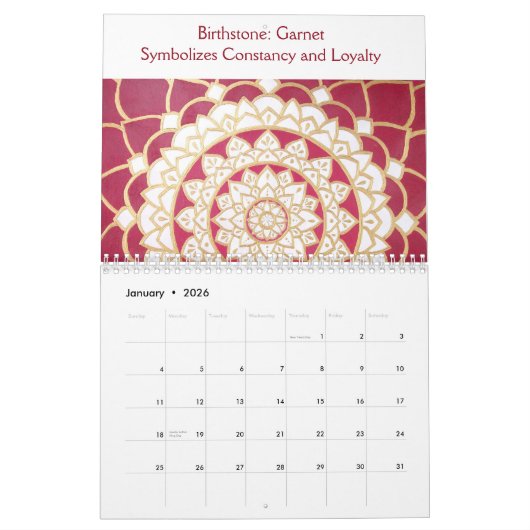 Mandala kalender met maandelijkse vogelstenen (Jan 2026)