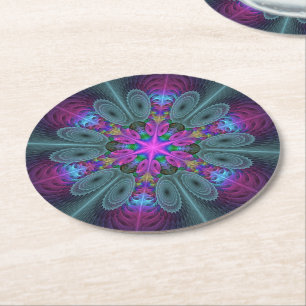 Mandala Kleurrijk Slaande Fractale Kunst Kaleidosc Ronde Kartonnen Onderzetter