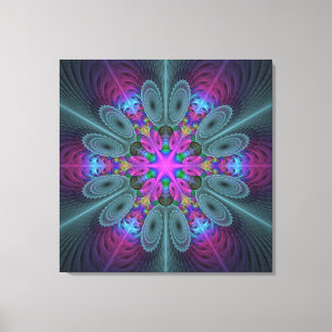 Mandala Kleurrijke Fractal Art met Roze Drieluik Canvas Afdruk