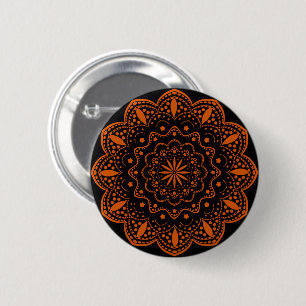 Mandala Knop Zwart en Oranje Ronde Button 5,7 Cm