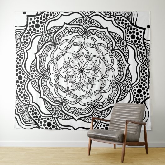 Mandala Kunst Boho Chic Elegant Zwart Wit Trippy Wandkleed (In Situ (horizontaal))